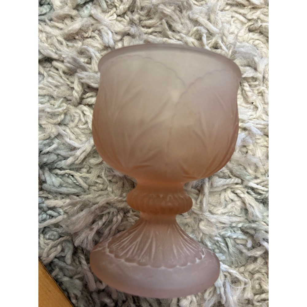 Vintage Frosted Satin Glass Goblet Peach Salmon Floral Embossed Pedestal Cup